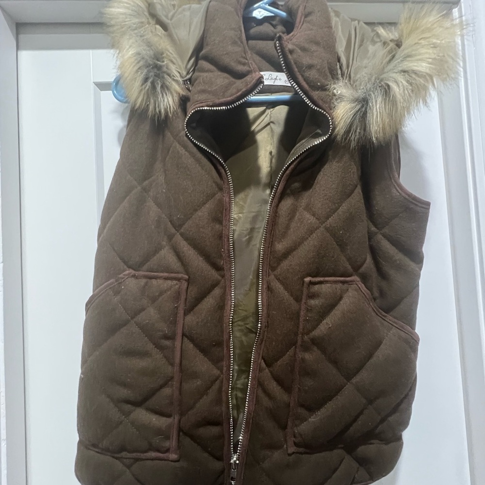 Brown Quilted Vest with Faux Fur Trim